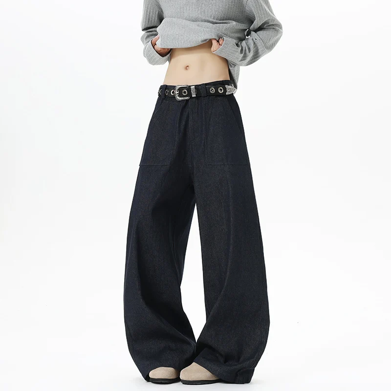 Damen Weite High Waist Denimhose mit extra weitem Bein und aufgesetzten Vordertaschen Drune