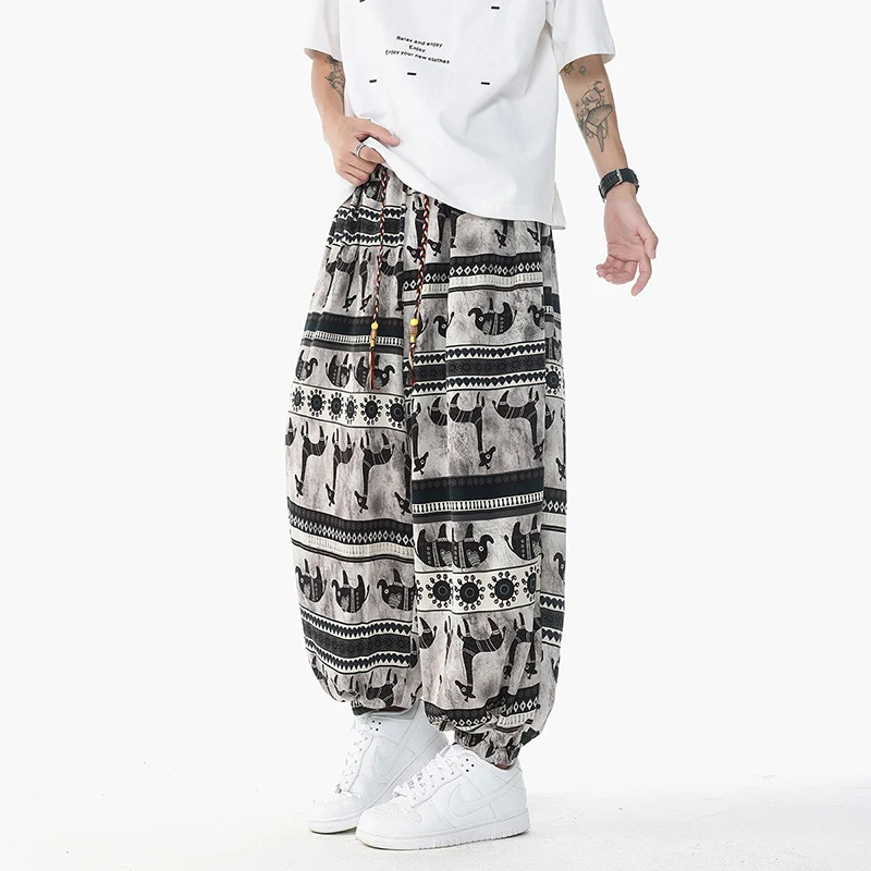 Damen Weite Boho-Haremshose aus Baumwollmix mit elastischem Bund und Ethno-Print Drune