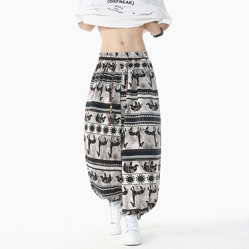 Damen Weite Boho-Haremshose aus Baumwollmix mit elastischem Bund und Ethno-Print Drune