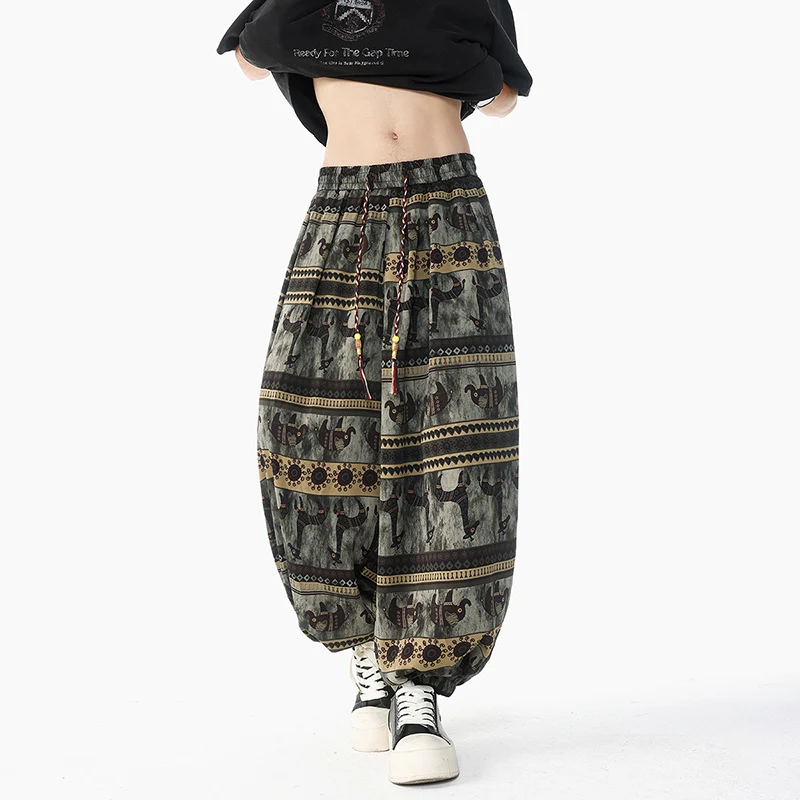 Damen Weite Boho-Haremshose aus Baumwollmix mit elastischem Bund und Ethno-Print Drune