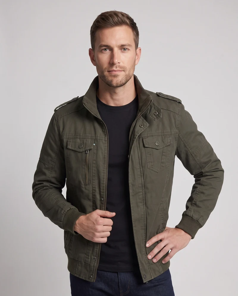 Herren-Feldjacke im militärischen Canvas-Stil mit Stehkragen und Multifunktions-Taschen Drune