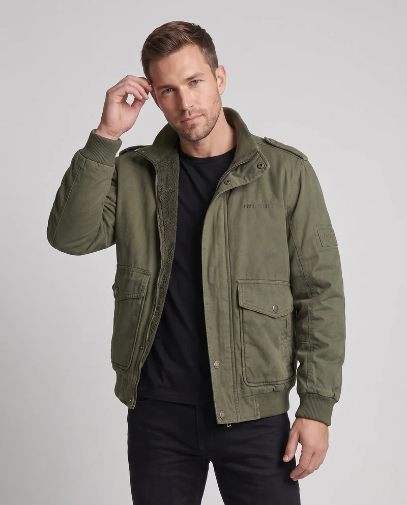 Herren-Feldjacke mit komplettem Teddy-Futter, Stehkragen und Klappentaschen Drune