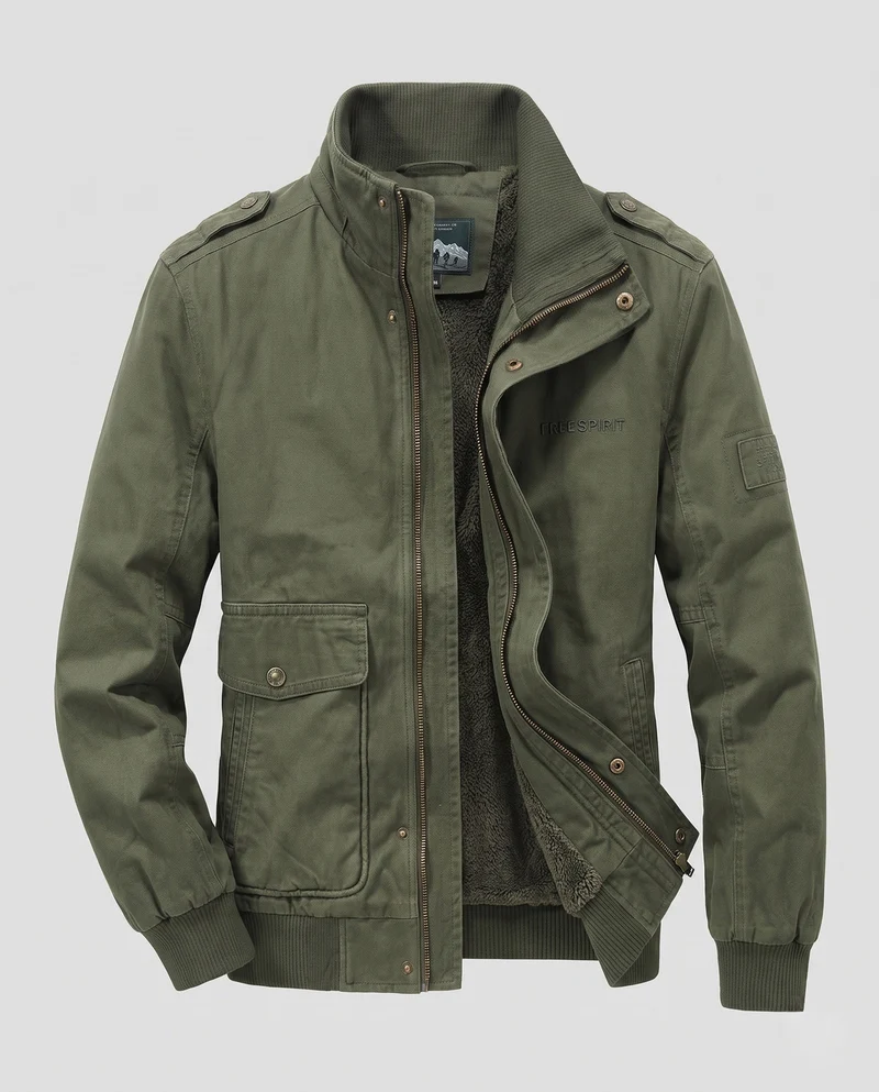 Herren-Feldjacke mit komplettem Teddy-Futter, Stehkragen und Klappentaschen Drune