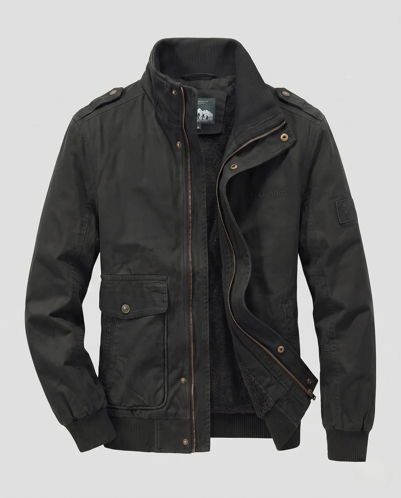 Herren-Feldjacke mit komplettem Teddy-Futter, Stehkragen und Klappentaschen Drune