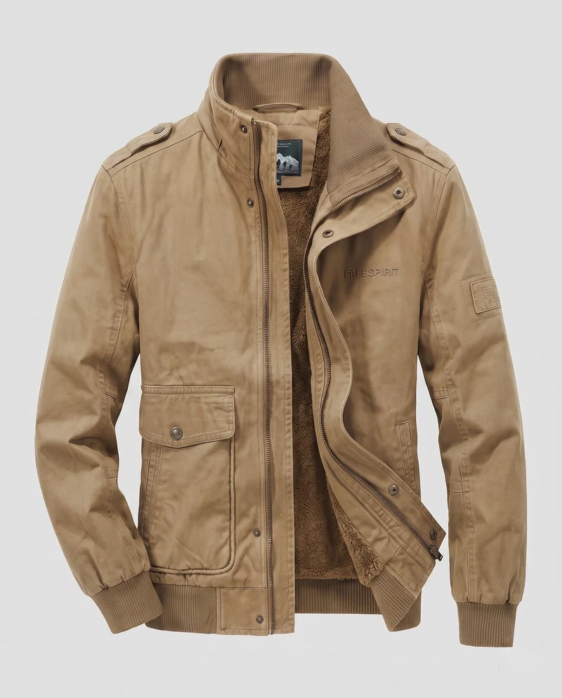Herren-Feldjacke mit komplettem Teddy-Futter, Stehkragen und Klappentaschen Drune