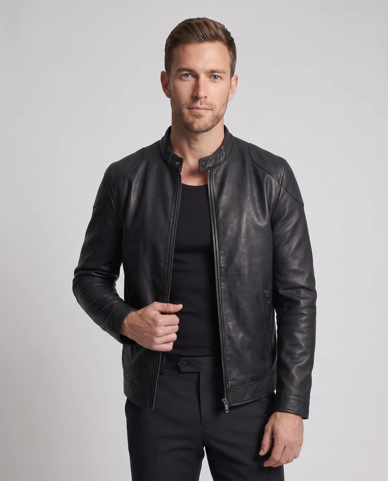 Herren maßgeschneiderte Kunstlederjacke im Biker Blouson Stil mit Stehkragen und Reißverschluss Drune