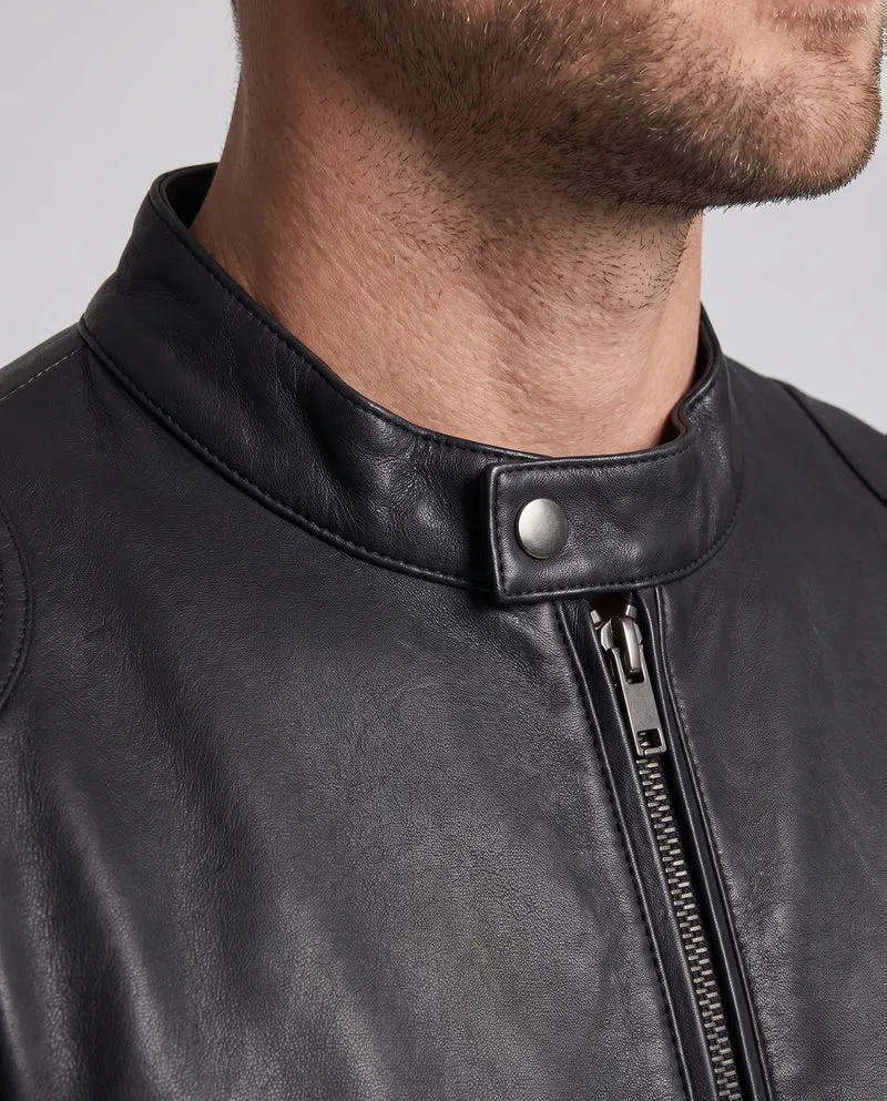Herren maßgeschneiderte Kunstlederjacke im Biker Blouson Stil mit Stehkragen und Reißverschluss Drune