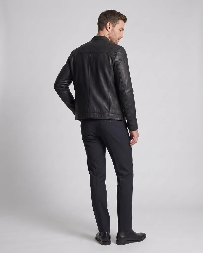 Herren maßgeschneiderte Kunstlederjacke im Biker Blouson Stil mit Stehkragen und Reißverschluss Drune