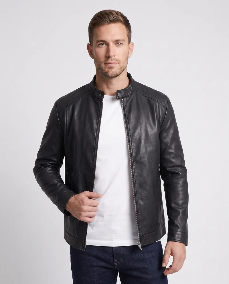 Herren Fitted Kunstlederjacke mit Stehkragen und thermischer Fütterung Drune