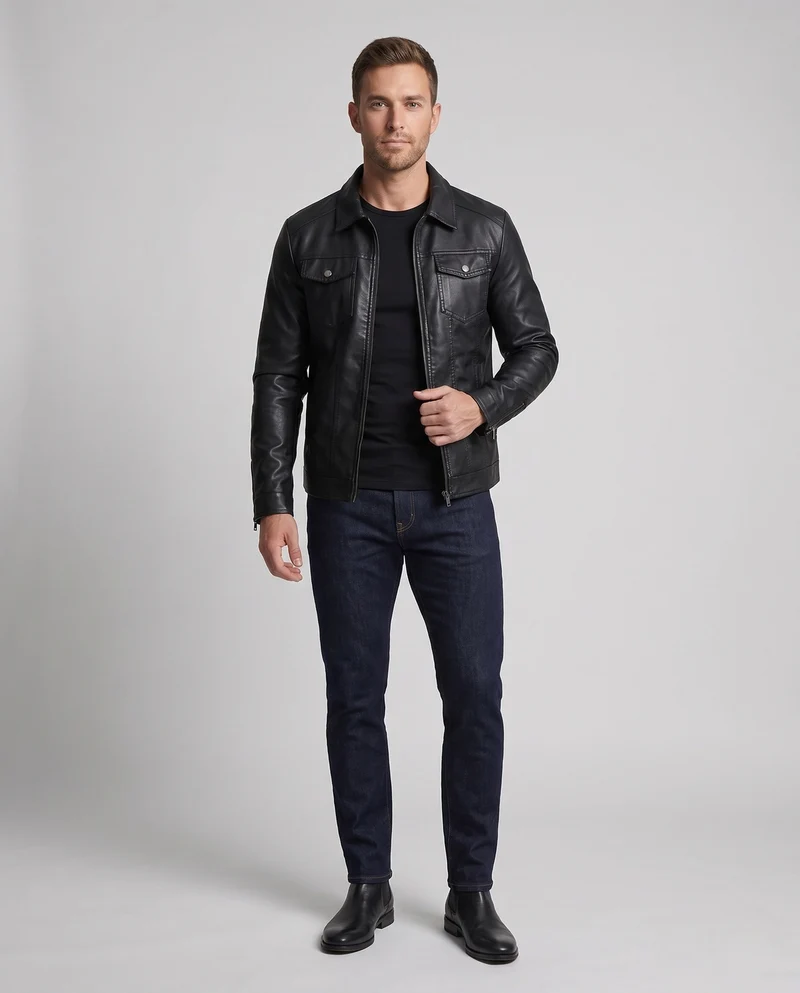 Herren Fitted Kunstlederjacke mit thermischer Fütterung und Brustklappentaschen Drune