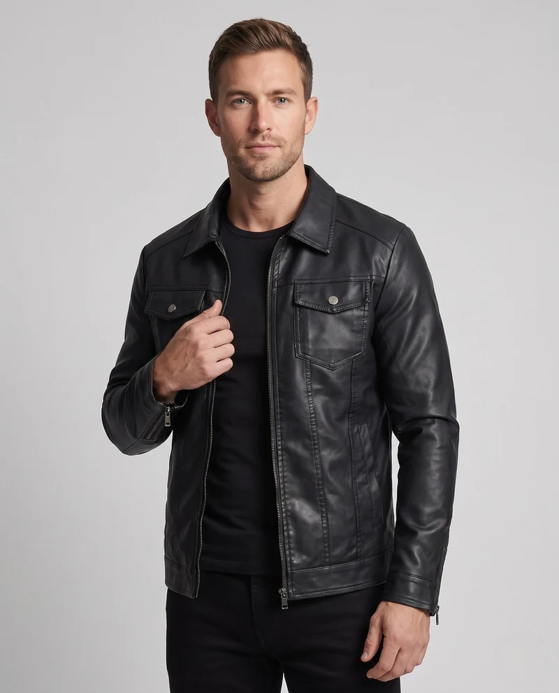 Herren Fitted Kunstlederjacke mit thermischer Fütterung und Brustklappentaschen Drune