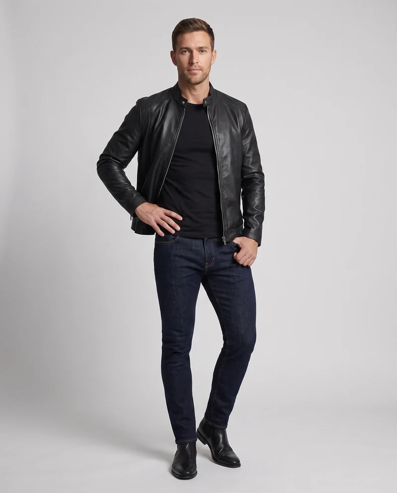 Herren enganliegendes Kunstleder-Motorradjacke mit kurzem Stehkragen und zentralem Metallreißverschluss Drune