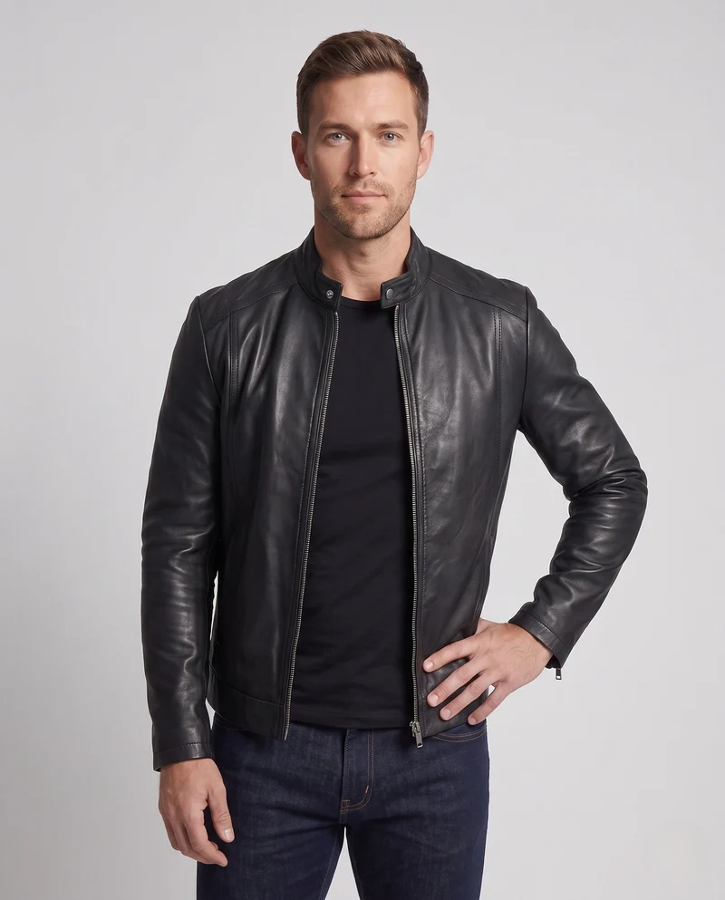 Herren enganliegendes Kunstleder-Motorradjacke mit kurzem Stehkragen und zentralem Metallreißverschluss Drune