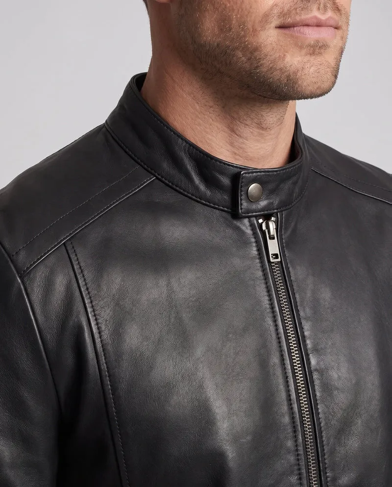 Herren enganliegendes Kunstleder-Motorradjacke mit kurzem Stehkragen und zentralem Metallreißverschluss Drune