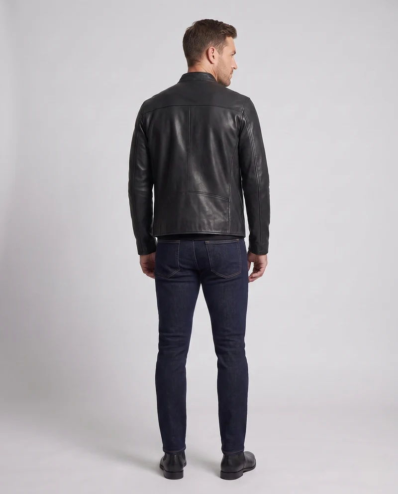 Herren enganliegendes Kunstleder-Motorradjacke mit kurzem Stehkragen und zentralem Metallreißverschluss Drune