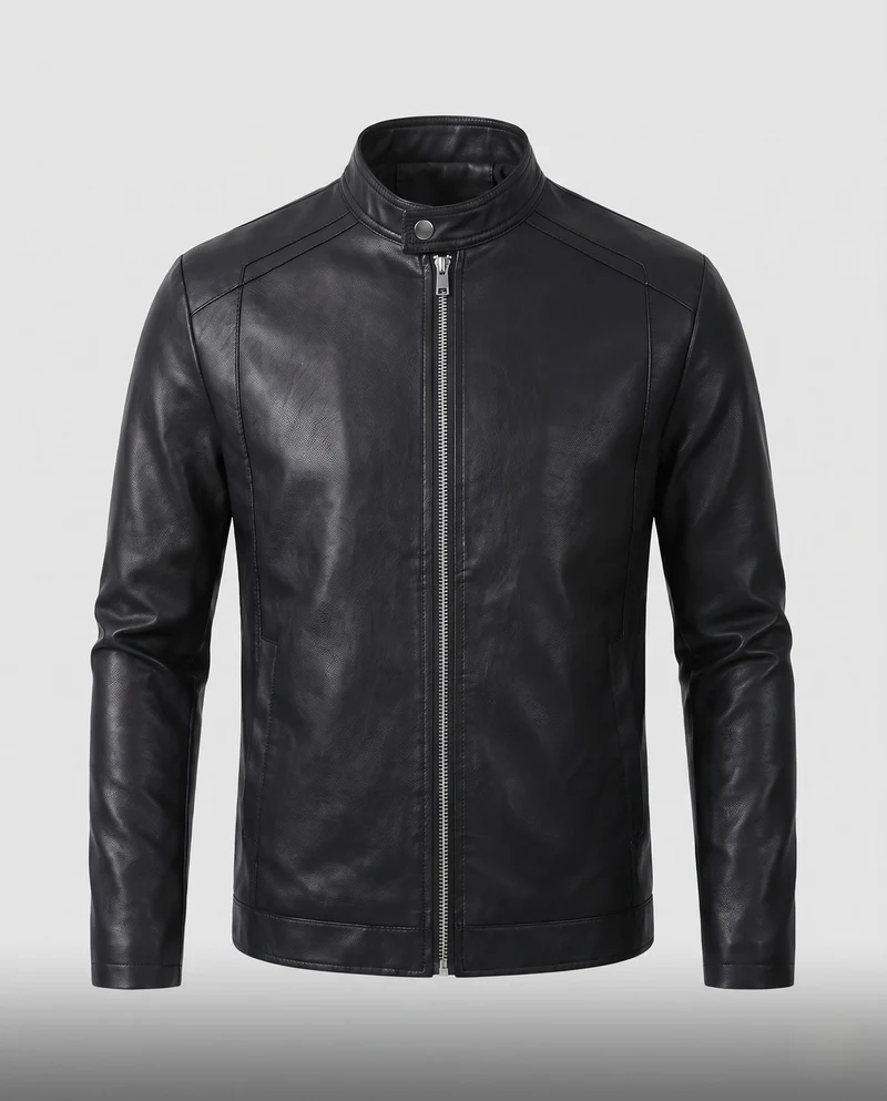 Herren enganliegendes Kunstleder-Motorradjacke mit kurzem Stehkragen und zentralem Metallreißverschluss Drune