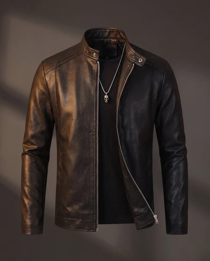 Herren enganliegendes Kunstleder-Motorradjacke mit kurzem Stehkragen und zentralem Metallreißverschluss Drune