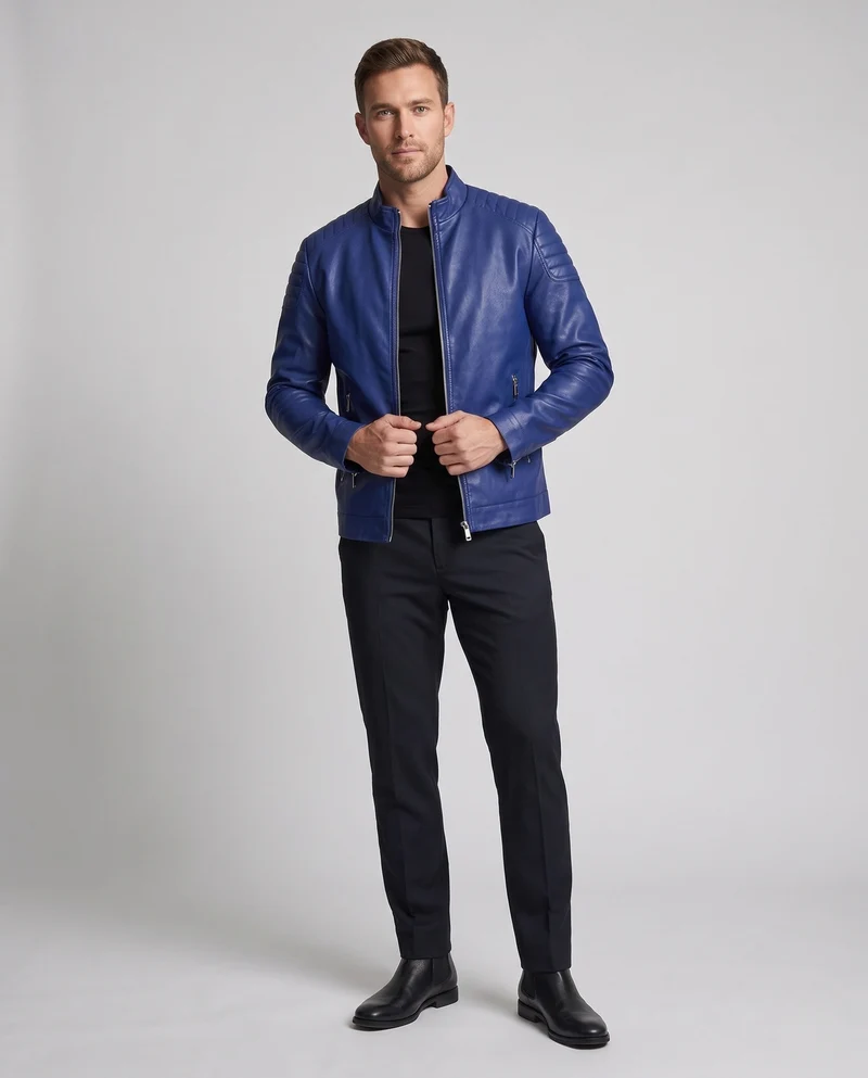 Herren Fitted Lederlook Motorradjacke mit vertikalem Reißverschluss und gepolsterten Schulterpaneelen Drune