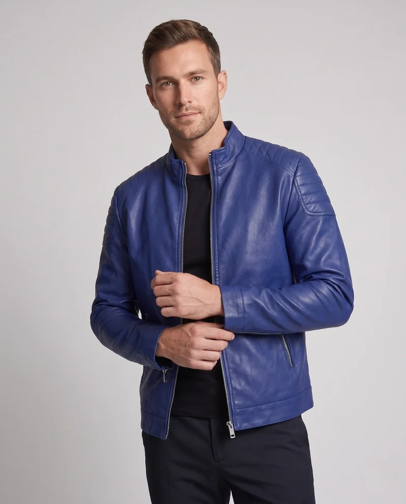 Herren Fitted Lederlook Motorradjacke mit vertikalem Reißverschluss und gepolsterten Schulterpaneelen Drune