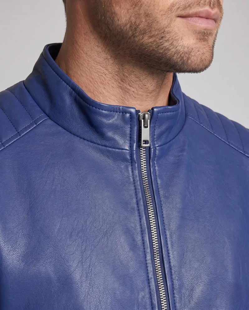 Herren Fitted Lederlook Motorradjacke mit vertikalem Reißverschluss und gepolsterten Schulterpaneelen Drune