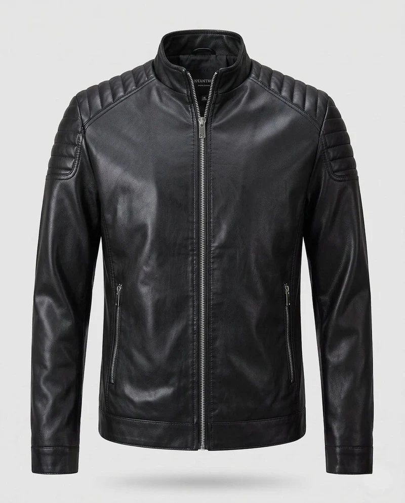 Herren Fitted Lederlook Motorradjacke mit vertikalem Reißverschluss und gepolsterten Schulterpaneelen Drune