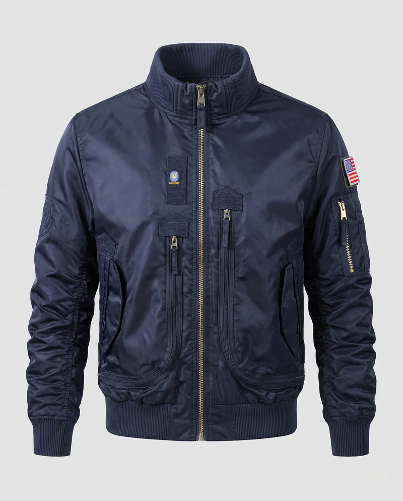 Herren Pilot Bomberjacke mit Frontreißverschluss-Taschen, Ärmeltasche und geripptem Kragen Drune