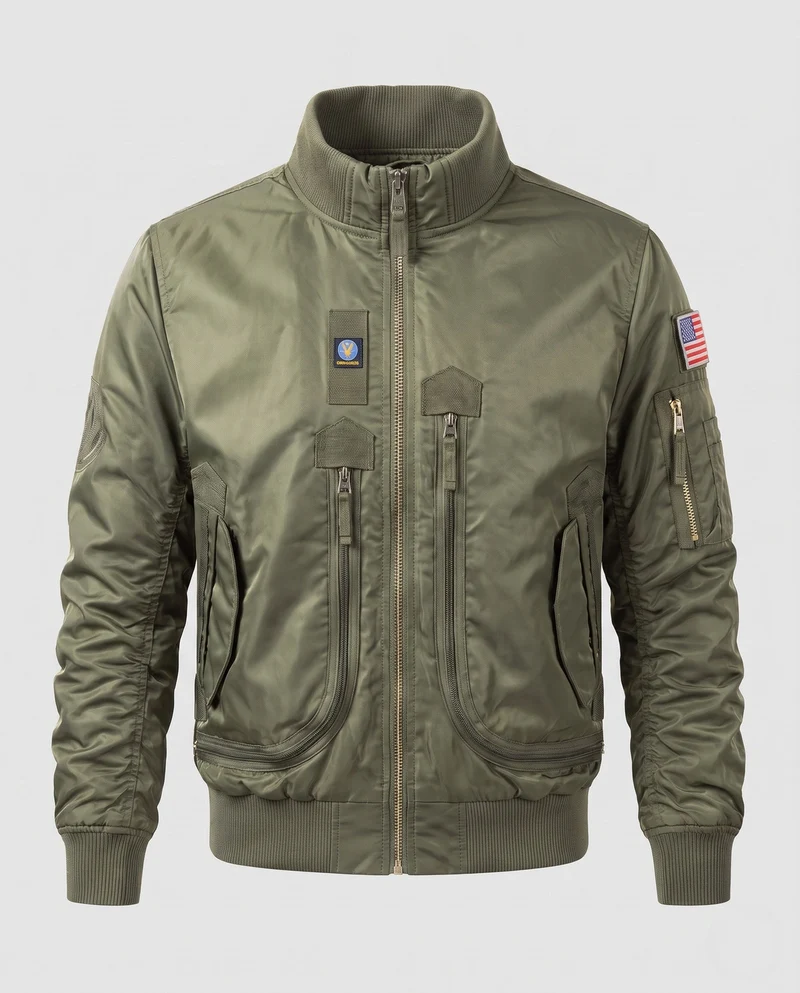 Herren Pilot Bomberjacke mit Frontreißverschluss-Taschen, Ärmeltasche und geripptem Kragen Drune