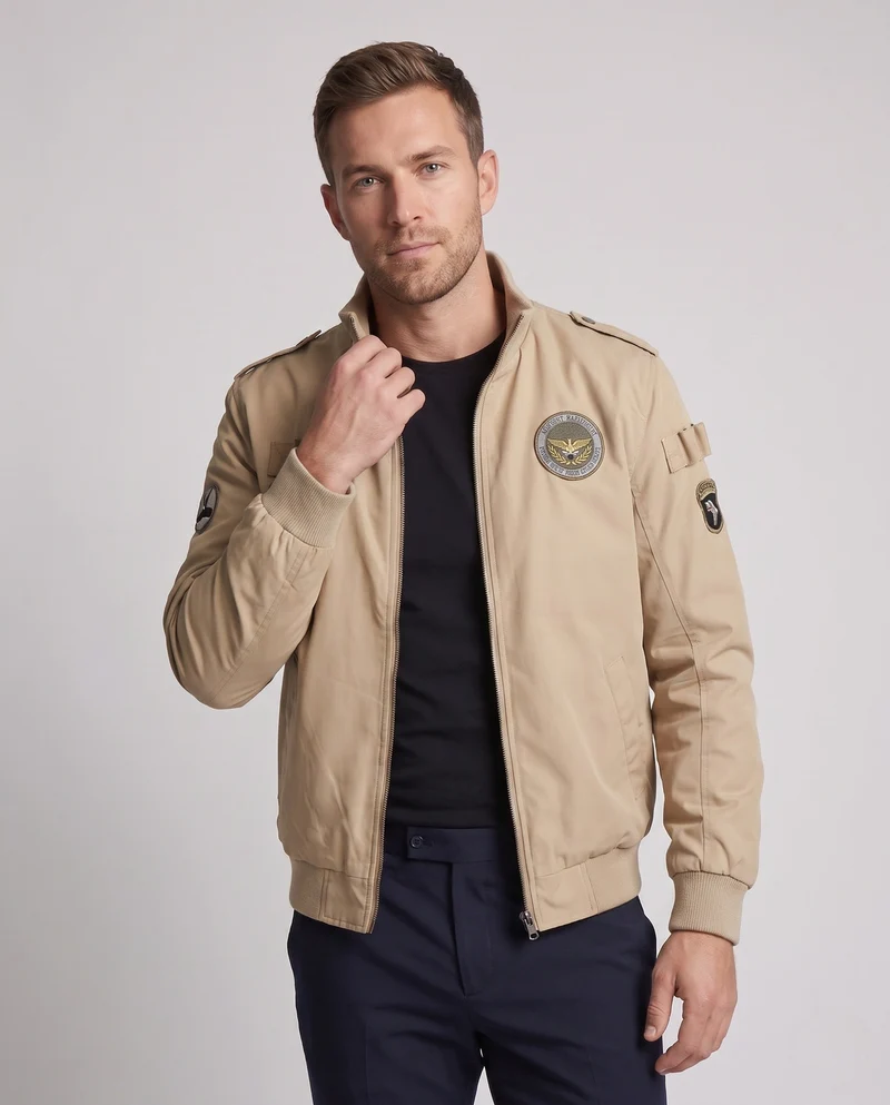 Herren Pilotenjacke im Flight-Stil mit vollem Teddyfutter und Abzeichenapplikationen Drune