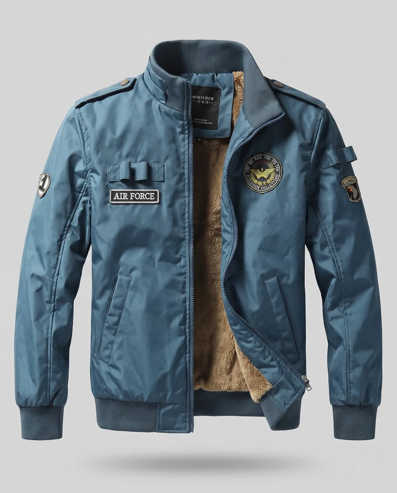 Herren Pilotenjacke im Flight-Stil mit vollem Teddyfutter und Abzeichenapplikationen Drune