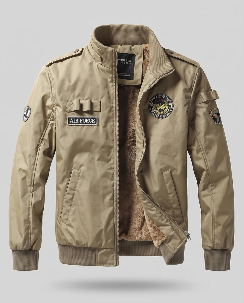 Herren Pilotenjacke im Flight-Stil mit vollem Teddyfutter und Abzeichenapplikationen Drune