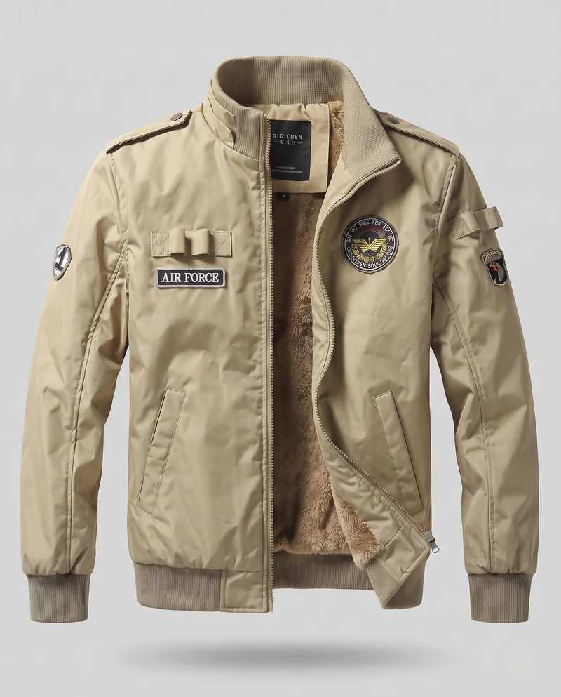 Herren Pilotenjacke im Flight-Stil mit vollem Teddyfutter und Abzeichenapplikationen Drune