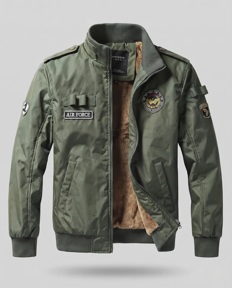Herren Pilotenjacke im Flight-Stil mit vollem Teddyfutter und Abzeichenapplikationen Drune