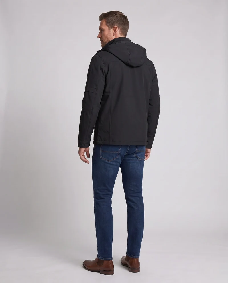 Herren funktionale Kapuzenjacke im Feldstil mit versteckter Reißverschlusstasche und verstellbaren Klettmanschetten Drune