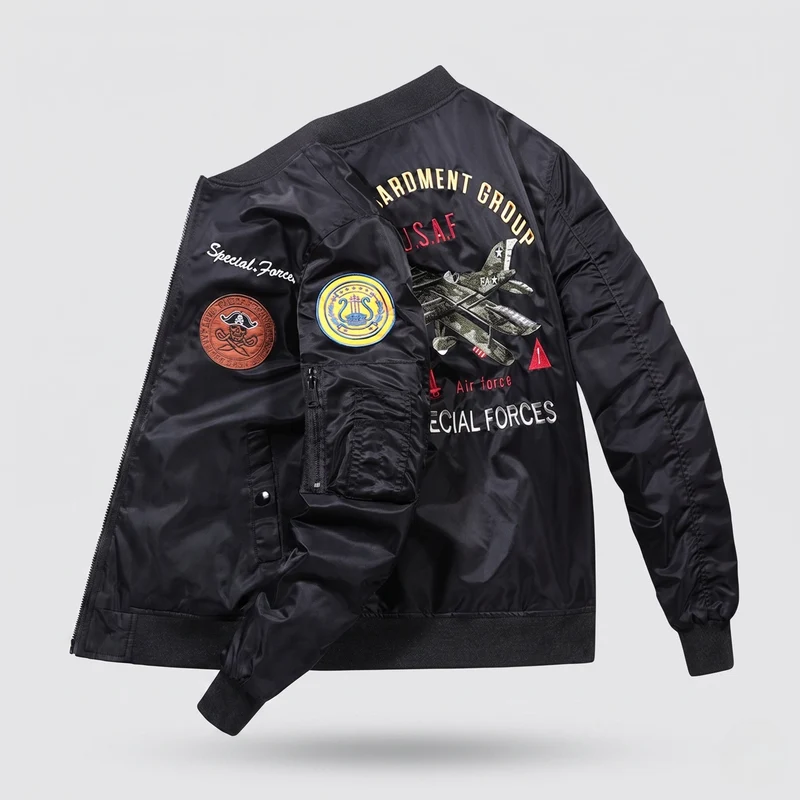 Herren gepolsterte Bomberjacke im Pilotenstil mit bestickten Patches und Armtasche Drune