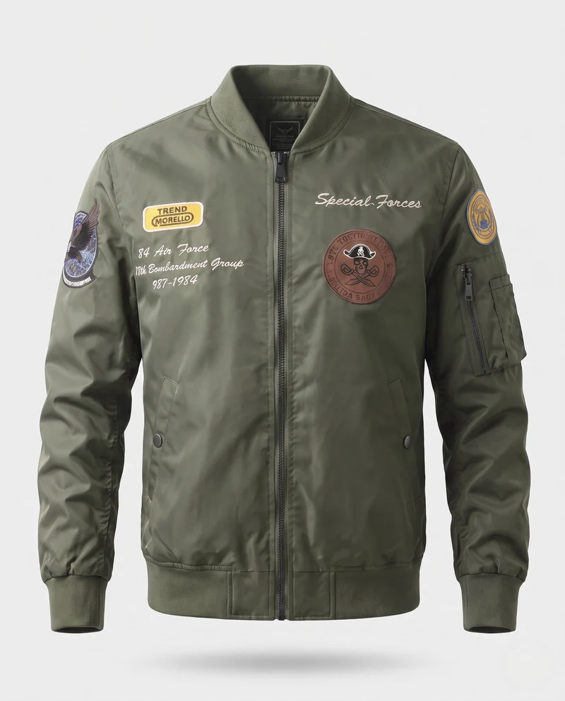 Herren gepolsterte Bomberjacke im Pilotenstil mit bestickten Patches und Armtasche Drune