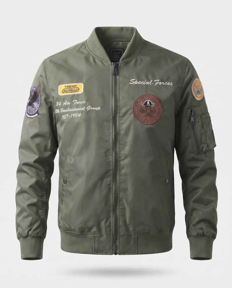 Herren gepolsterte Bomberjacke im Pilotenstil mit bestickten Patches und Armtasche Drune