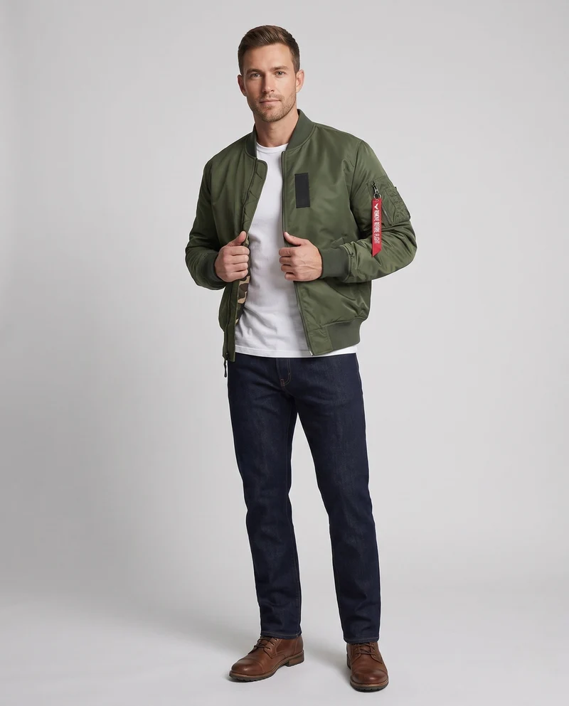 Herren gepolsterte Bomberjacke mit Camouflage-Futter und Fliegerstil-Armtasche Drune