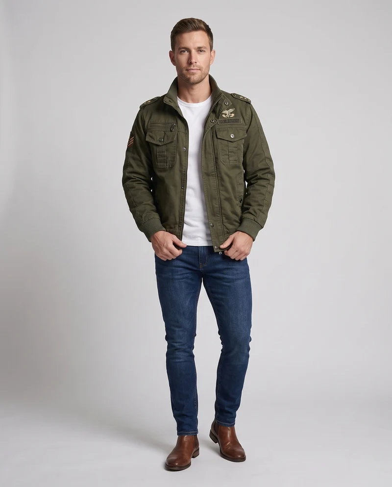 Herren gepolsterte Canvas-Bomberjacke im Feldlook mit Schulterklappen und warmem Teddy-Fleece-Futter Drune