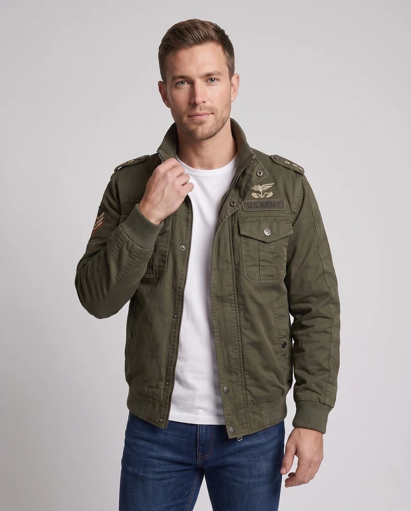 Herren gepolsterte Canvas-Bomberjacke im Feldlook mit Schulterklappen und warmem Teddy-Fleece-Futter Drune