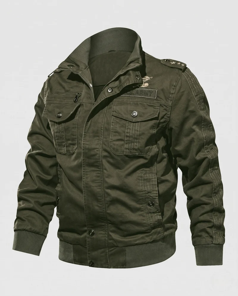 Herren gepolsterte Canvas-Bomberjacke im Feldlook mit Schulterklappen und warmem Teddy-Fleece-Futter Drune