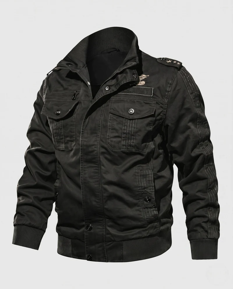 Herren gepolsterte Canvas-Bomberjacke im Feldlook mit Schulterklappen und warmem Teddy-Fleece-Futter Drune