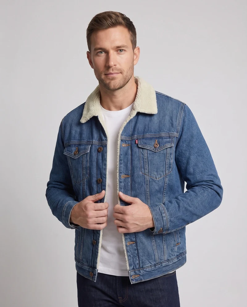 Männer gefütterte Jeansjacke mit Sherpa-Futter und Hemdkragen Drune