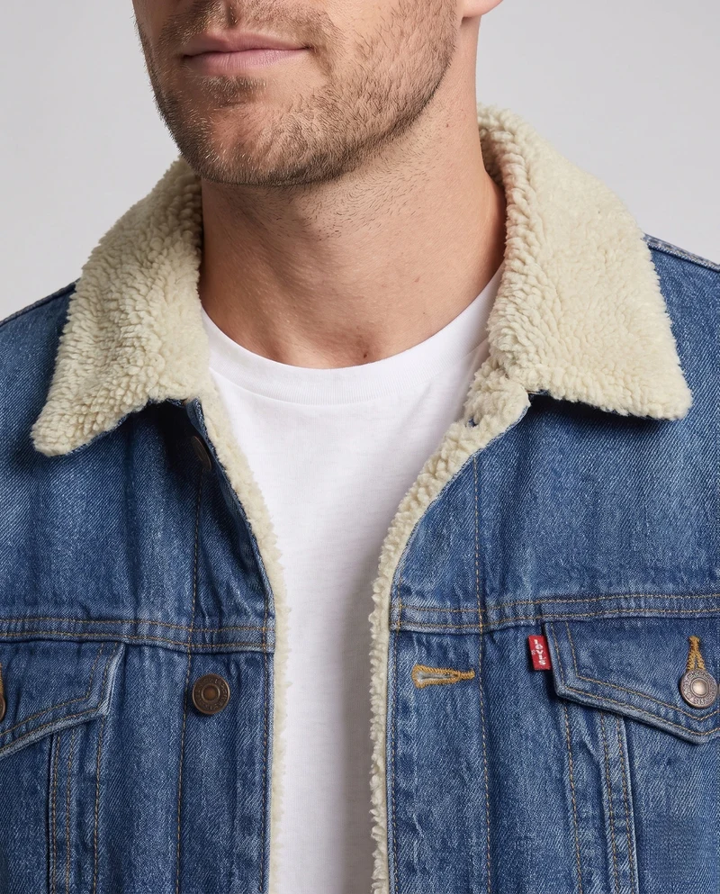 Männer gefütterte Jeansjacke mit Sherpa-Futter und Hemdkragen Drune