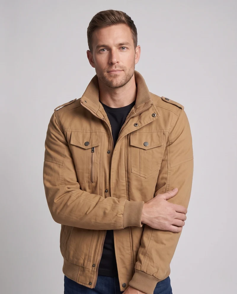 Herren gepolsterte Feldjacke im Pilotstil mit Sherpa-Futter und Stehkragen Drune