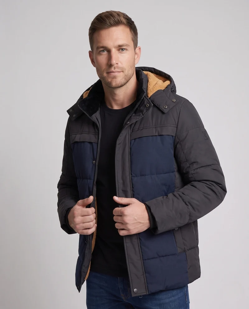 Männer gestepptes Parka mit Teddyfutter und melierter Front Drune