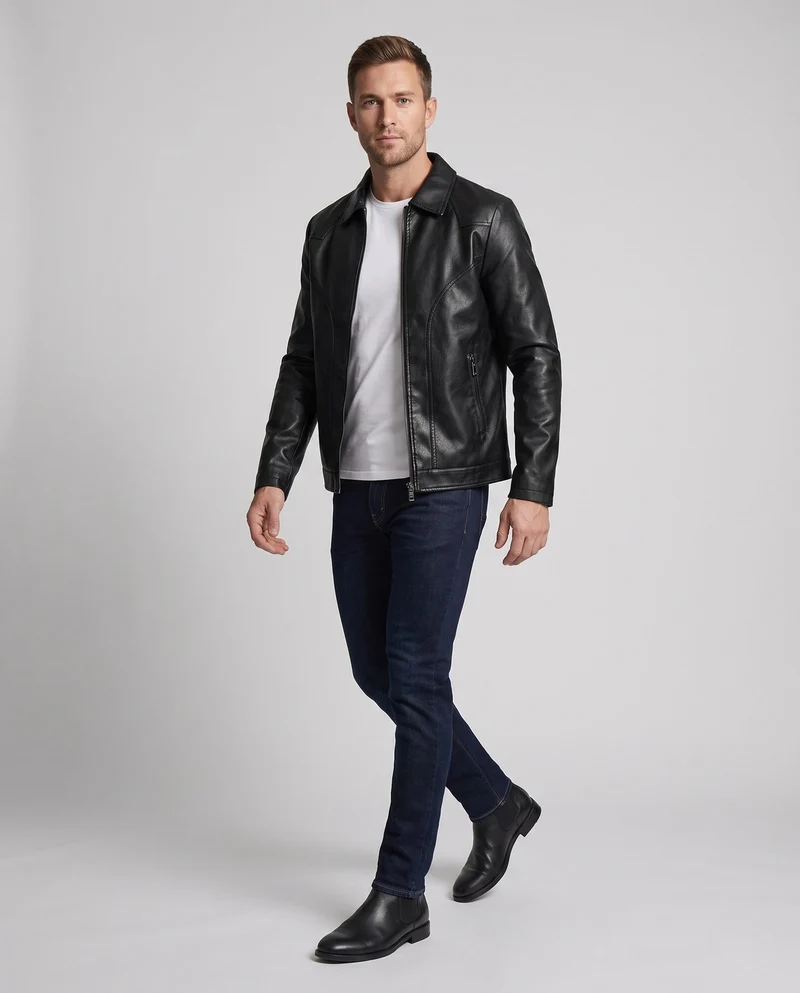 Herren Glattleder-Look Blouson mit vollem Teddy-Futter und verdecktem Reißverschluss Drune