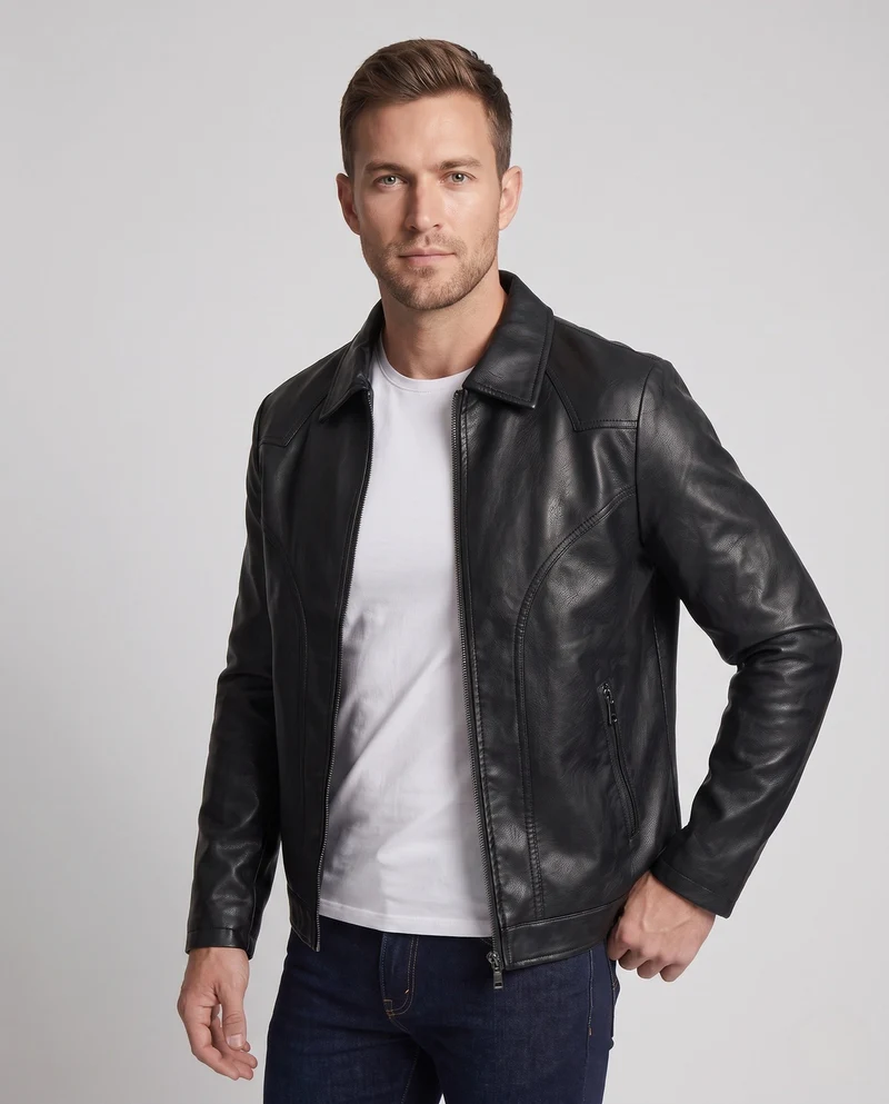 Herren Glattleder-Look Blouson mit vollem Teddy-Futter und verdecktem Reißverschluss Drune