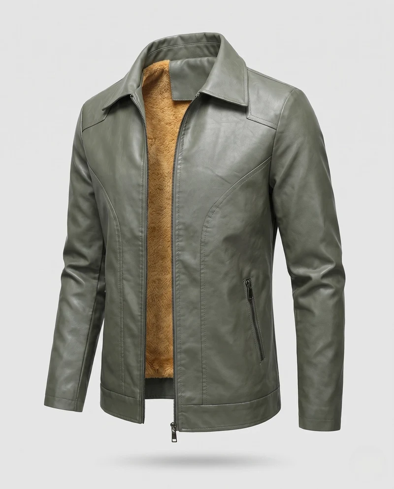 Herren Glattleder-Look Blouson mit vollem Teddy-Futter und verdecktem Reißverschluss Drune
