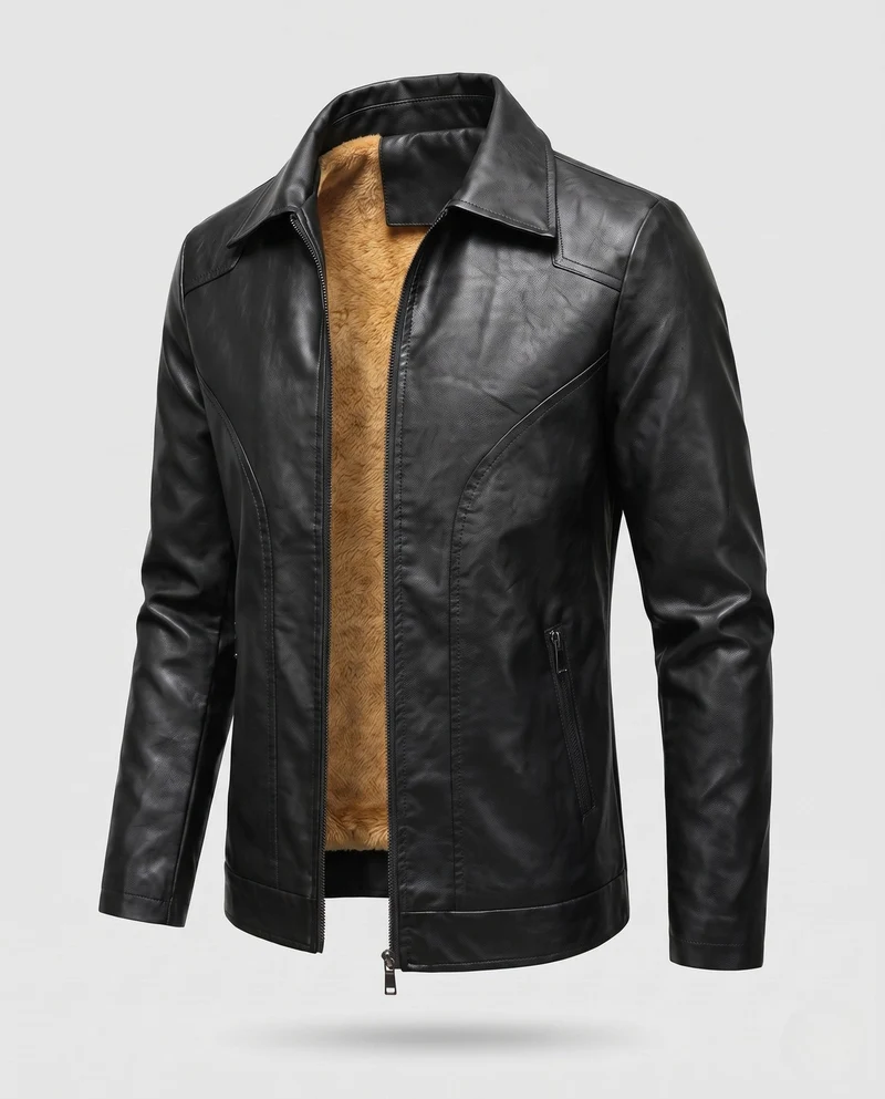 Herren Glattleder-Look Blouson mit vollem Teddy-Futter und verdecktem Reißverschluss Drune