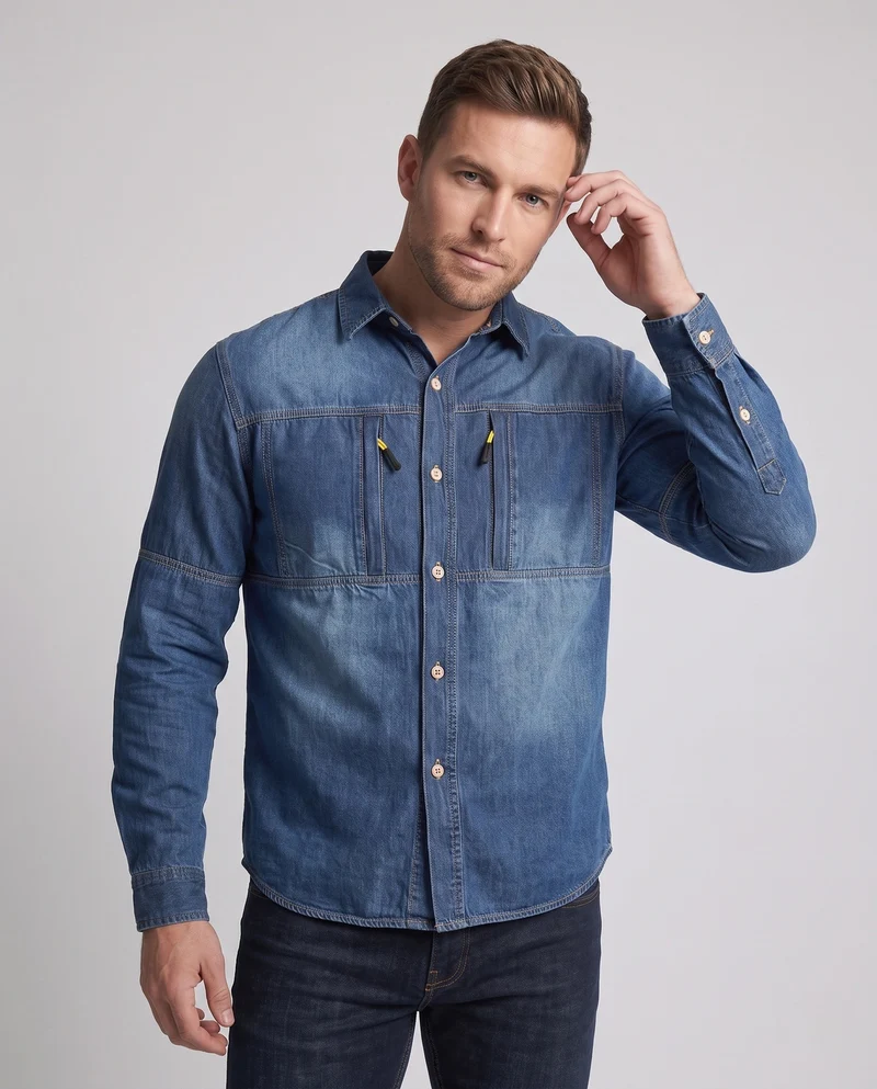 Herren Jeanshemdjacke im Arbeitskleidungsstil mit Reißverschluss-Brusttaschen Drune
